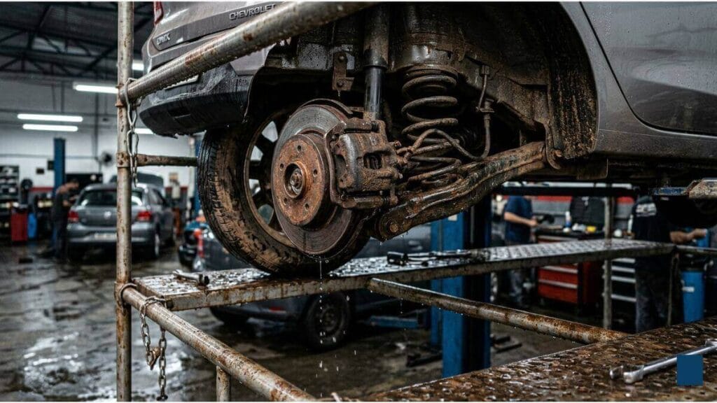 Vista detalhada da suspensão traseira e do sistema de freio a disco de um Chevrolet Onix em uma oficina. Os componentes estão molhados, com sinais de ferrugem e sujeira de terra após exposição à enchente.