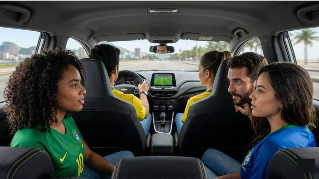 Visão de trás para frente do interior de um Chevrolet Onix com cinco amigos usando camisas do Brasil; os passageiros do banco traseiro interagem animados enquanto a central multimídia exibe o jogo da Copa do Mundo.