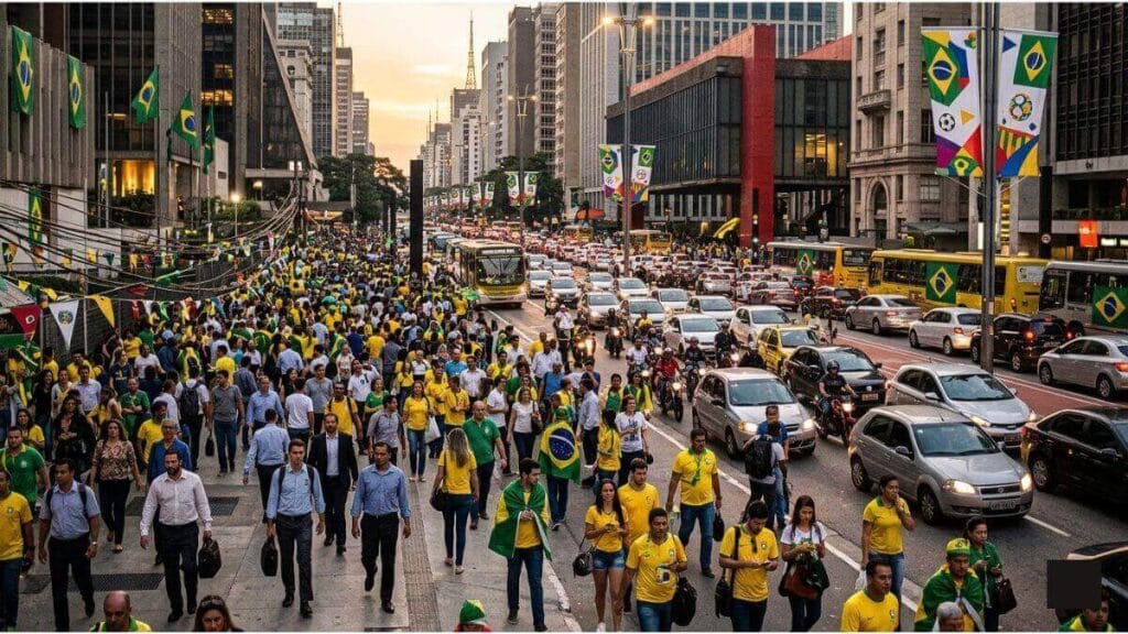Vista aérea de uma grande avenida urbana lotada de carros em um congestionamento, com calçadas cheias de pedestres vestindo camisas do Brasil verde e amarela e bandeiras decorando os prédios.