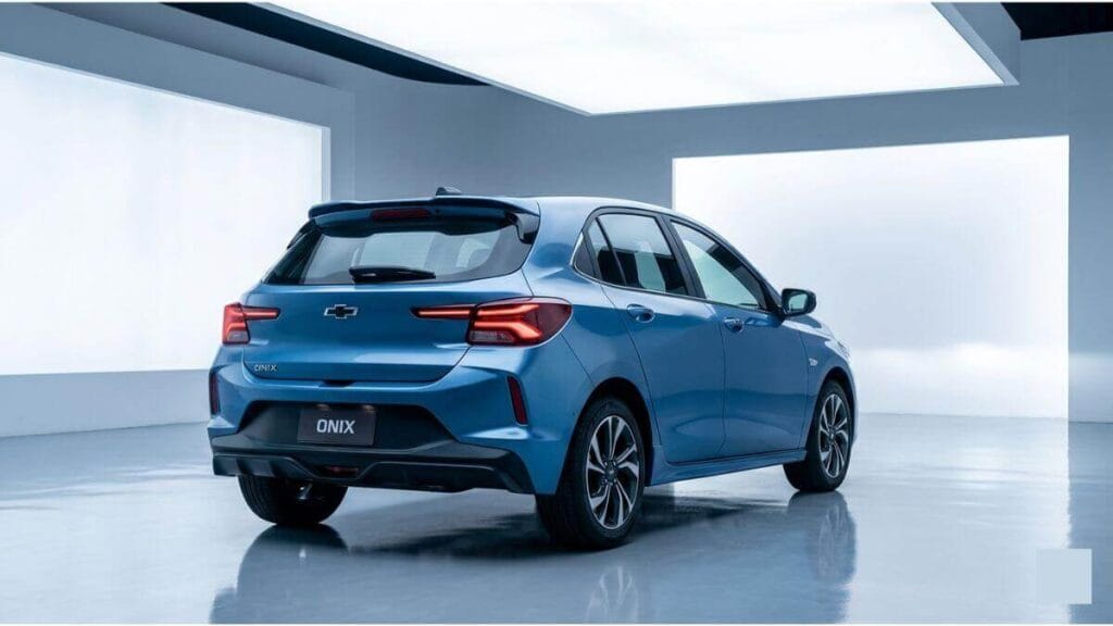 Visão traseira em ângulo de um Chevrolet Onix azul em um estúdio iluminado, destacando o design das novas lanternas de LED e o para-choque moderno.