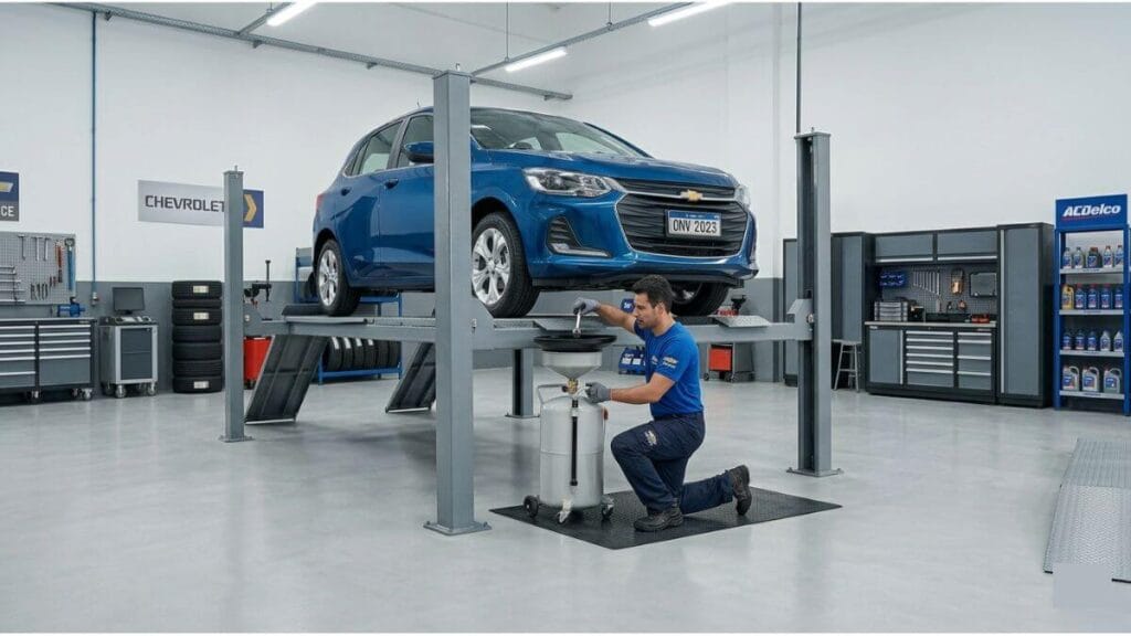 Mecânico trabalhando sob um Chevrolet Onix azul em um elevador automotivo, realizando a troca de óleo do motor em uma oficina limpa e organizada.