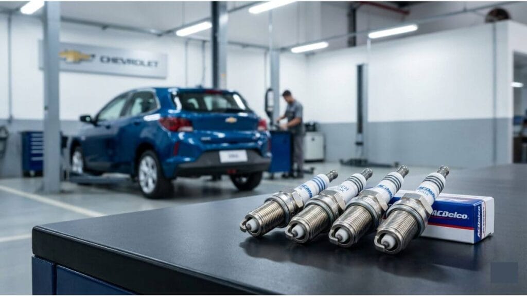 Velas de ignição novas em primeiro plano, com um Chevrolet Onix desfocado ao fundo em um cenário profissional.