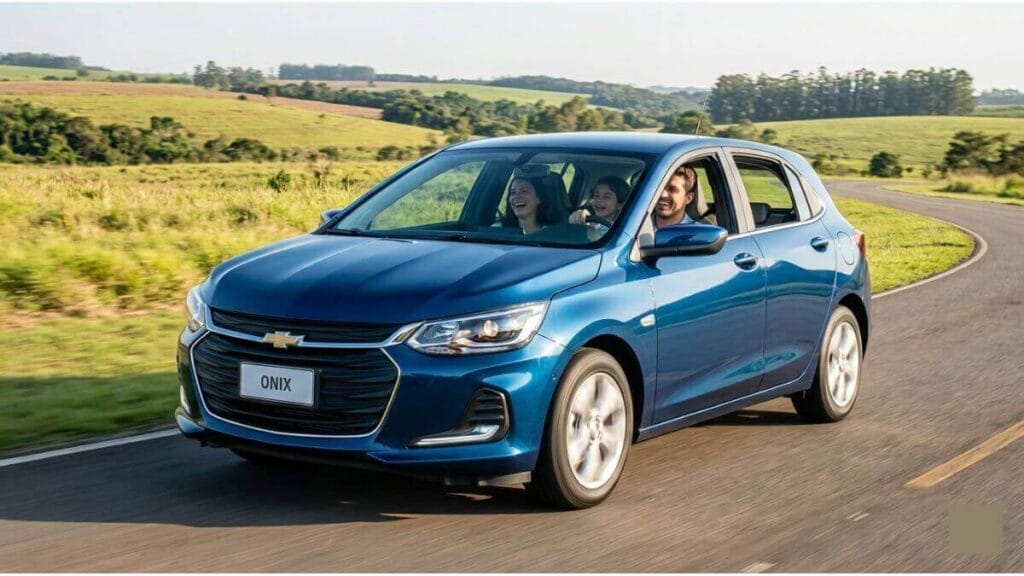 Chevrolet Onix azul em movimento numa estrada com um homem, uma mulher e uma criança sorrindo lá dentro.