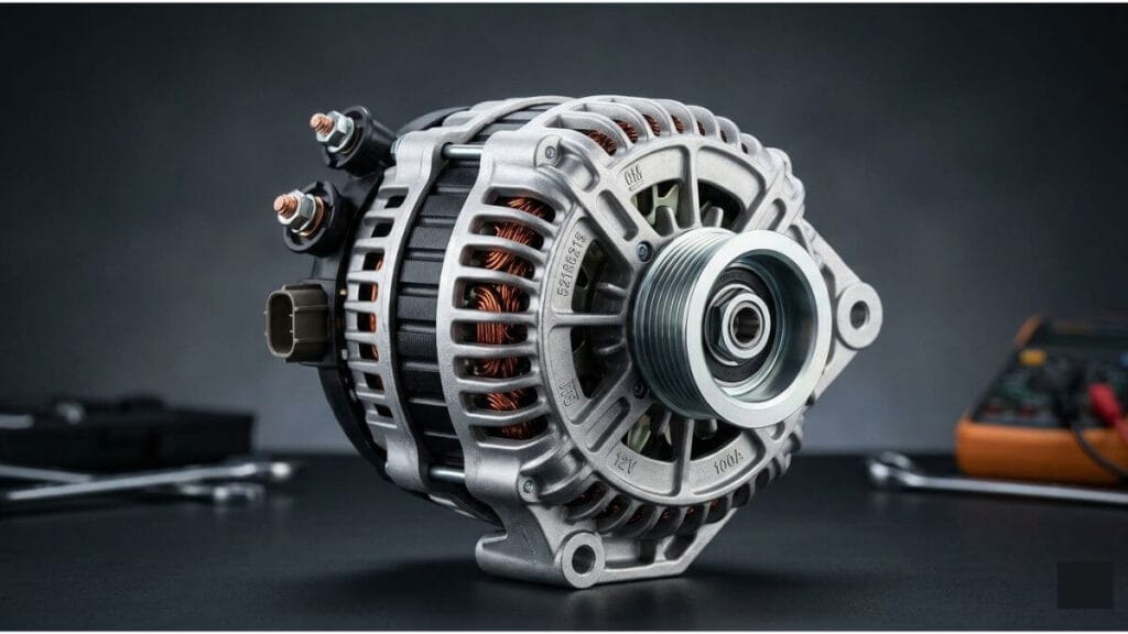 Alternador original do Chevrolet Onix em close profissional sobre uma bancada escura.