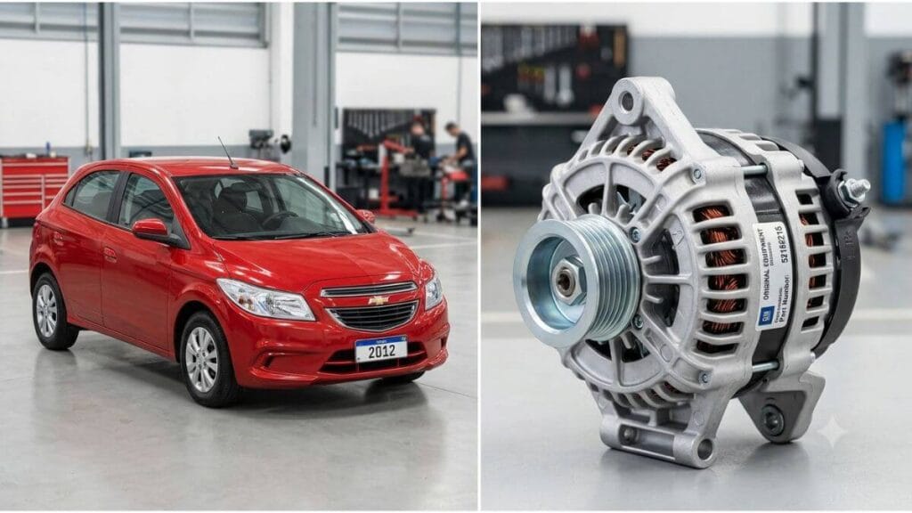 Lado a lado de um Chevrolet Onix vermelho ano 2012 e o seu alternador correspondente em uma oficina mecânica.