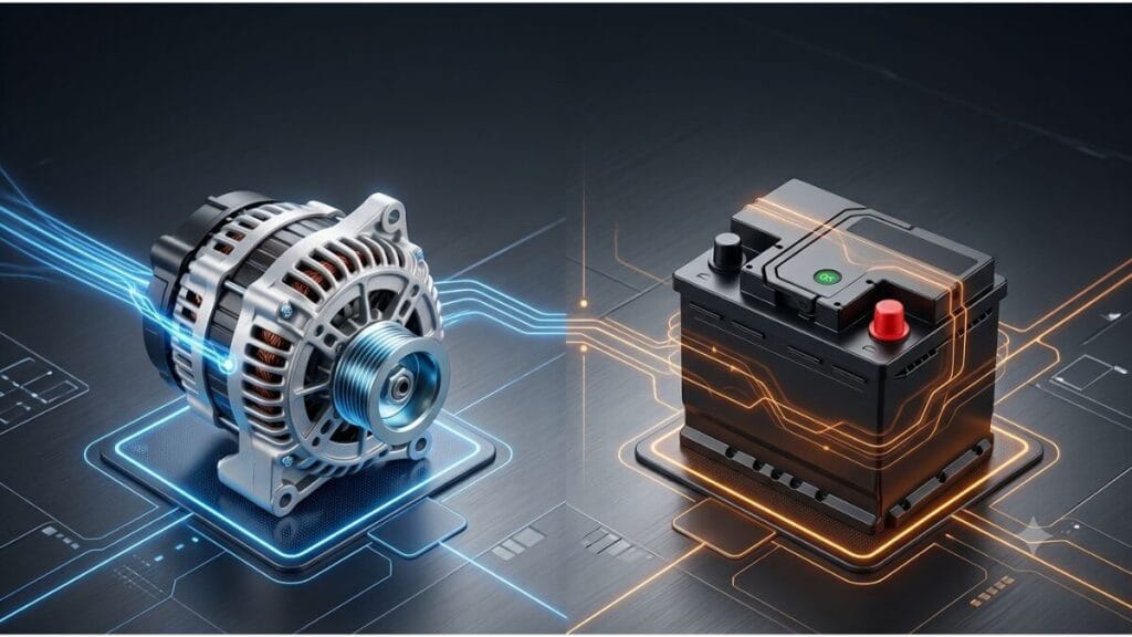 Ilustração técnica dividida em duas partes com fundo escuro tecnológico: do lado esquerdo, um alternador automotivo de Chevrolet Onix com linhas de energia azuis; do lado direito, uma bateria automotiva de 60 amperes com linhas de energia laranjas. Imagem limpa sem nenhum texto.