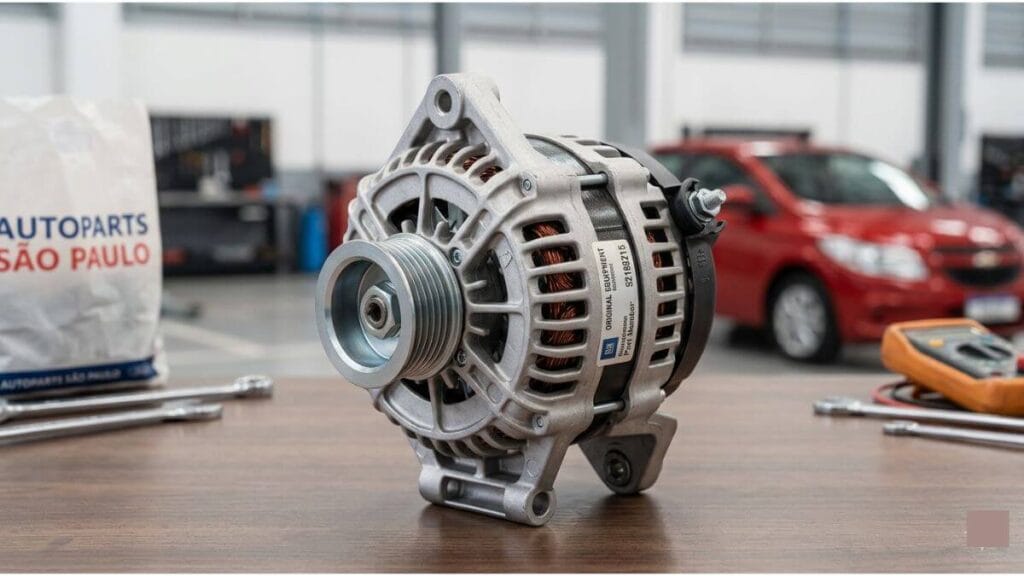 Alternador usado original GM para Chevrolet Onix em ótimo estado de conservação sobre uma mesa de madeira em uma oficina.