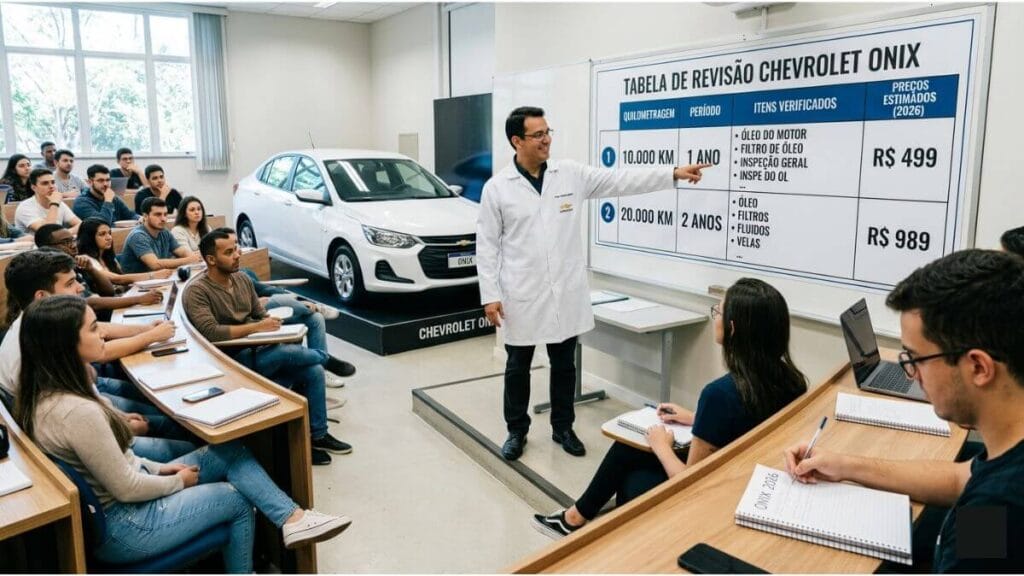 Explicação Detalhada da Tabela de Revisão Onix Professor de jaleco branco apontando para quadro com a Tabela de Revisão Chevrolet Onix em sala de aula com alunos e um Onix branco ao fundo.
