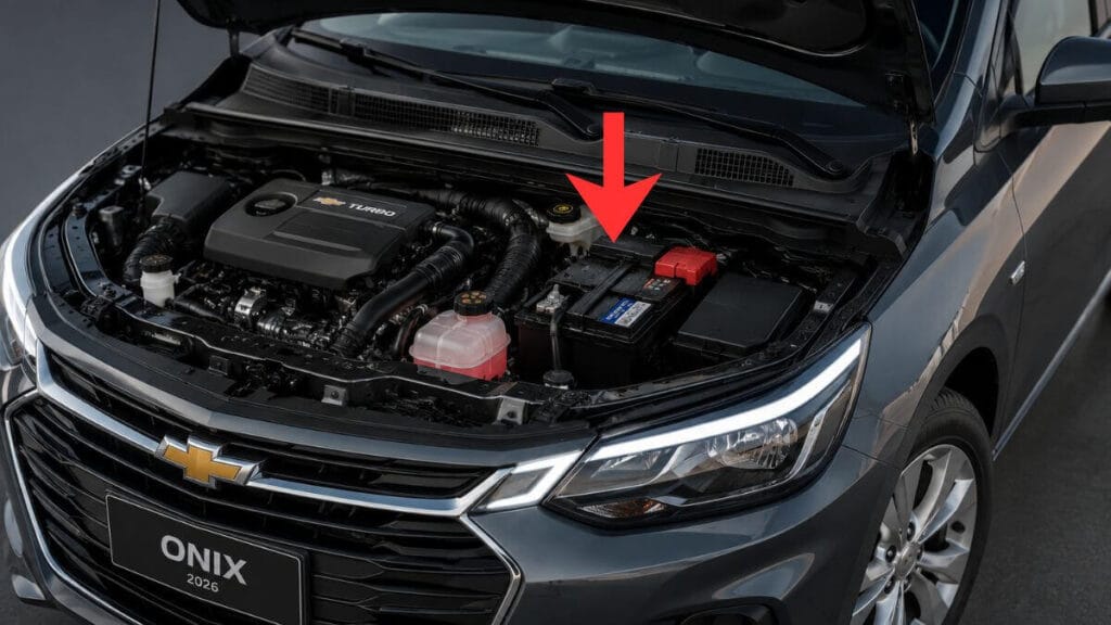 Bateria instalada no cofre do motor de um Chevrolet Onix utilizada para ilustrar a capacidade e amperagem recomendadas para o veículo.