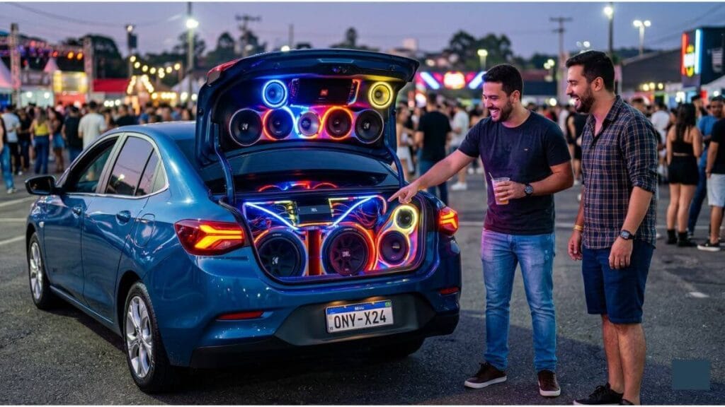 Dois homens sorrindo ao lado de um Chevrolet Onix azul com o porta-malas aberto, exibindo um sistema de som automotivo potente com iluminação LED colorida.