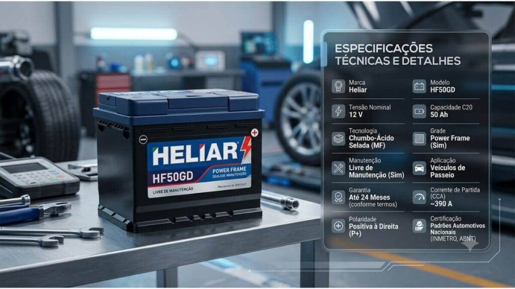 Infográfico da bateria Heliar HF50GD em uma bancada de oficina mecânica, exibindo suas especificações técnicas de 12V e 50Ah em um painel digital à direita.