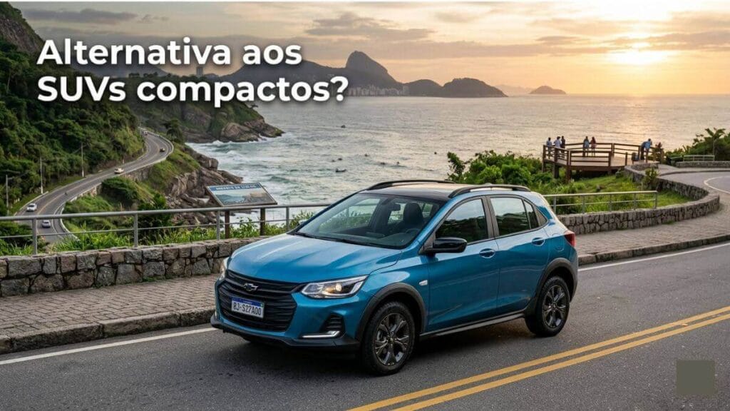 Chevrolet Onix Activ azul estacionado em estrada litorânea no Rio de Janeiro com a frase Alternativa aos SUVs compactos.