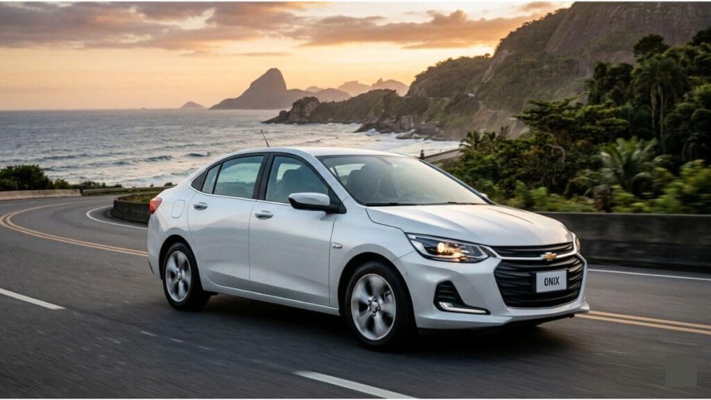 Novo Chevrolet Onix 2027 no Brasil Chevrolet Onix Plus branco em movimento por uma estrada litorânea ao pôr do sol, representando o design moderno da linha.