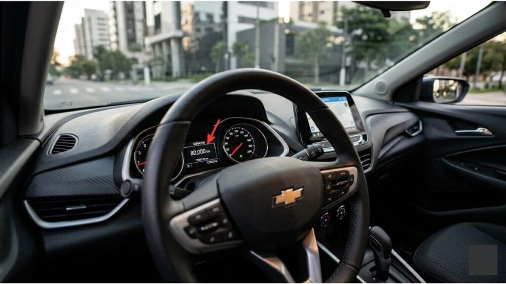 Painel do Chevrolet Onix com 80.000 km Visão interna do painel de um Chevrolet Onix com o computador de bordo exibindo claramente a quilometragem de 80.000 km.