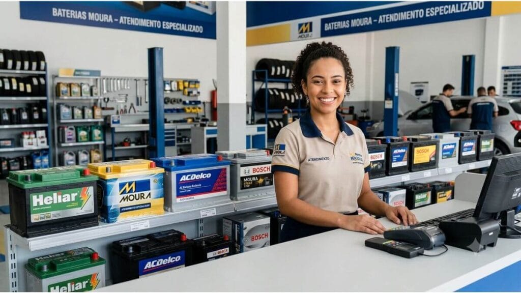 Atendente sorrindo em um balcão de loja automotiva com várias marcas de baterias de carro enfileiradas na prateleira, como Moura, Heliar, ACDelco e Bosch.