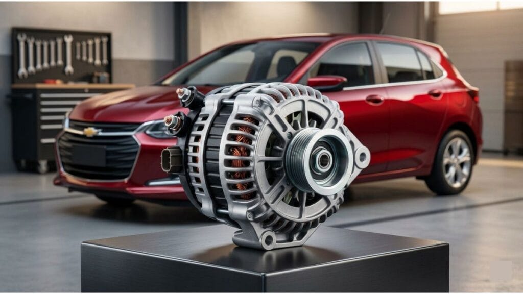 Alternador em destaque para ilustrar como escolher o modelo correto de acordo com a versão do Chevrolet Onix ao fundo.