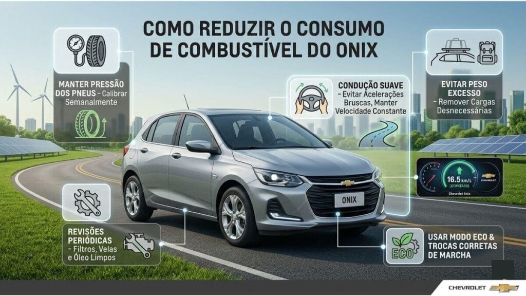 Chevrolet Onix prata em uma estrada cercado por infográficos com dicas de economia, como calibragem de pneus, modo eco e revisões periódicas.