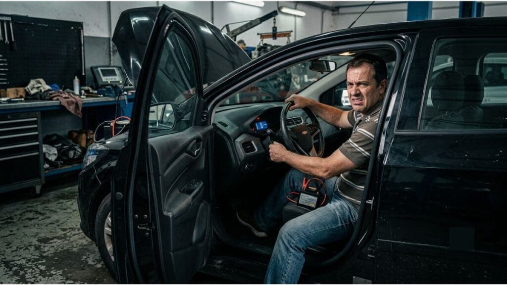 Motorista frustrado dentro de um Chevrolet Onix tentando dar a partida no carro com a bateria fraca dentro de uma oficina mecânica.