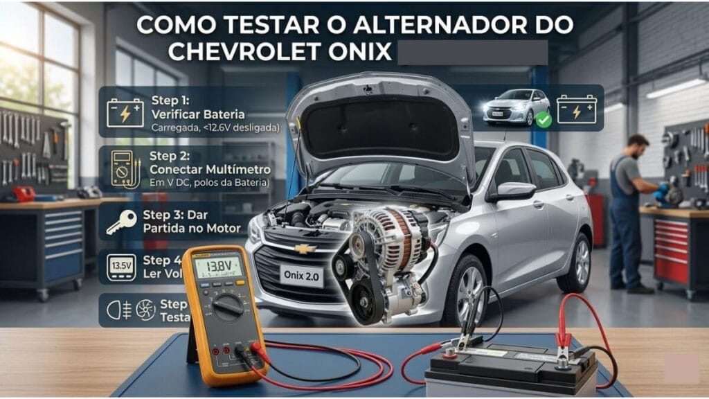 Infográfico explicativo mostrando como testar o alternador do Chevrolet Onix usando um multímetro na bateria dentro de uma oficina.