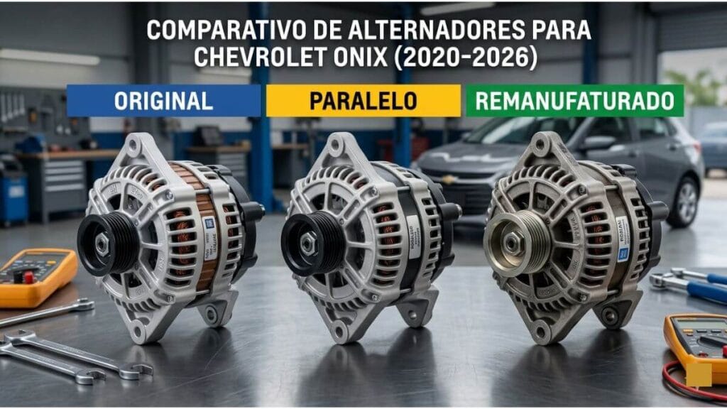 Comparativo visual de três tipos de alternadores para Chevrolet Onix: original, paralelo e remanufaturado sobre uma bancada.
