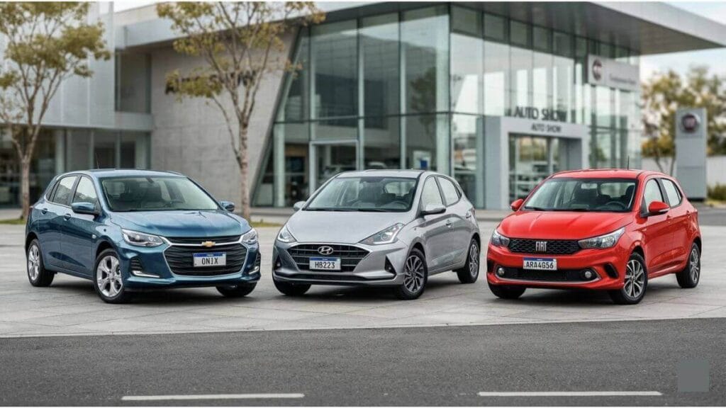 Chevrolet Onix Comparado com Seus Principais Concorrentes (HB20 e Argo) Três carros hatchbacks populares estacionados lado a lado: um Chevrolet Onix azul à esquerda, um Hyundai HB20 prata no centro e um Fiat Argo vermelho à direita, em frente a uma concessionária moderna.
