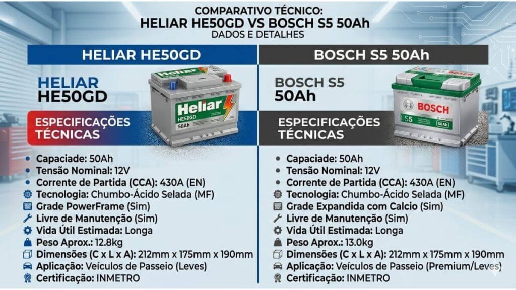 Infográfico de comparativo técnico lado a lado entre as baterias Heliar HE50GD e Bosch S5 de 50Ah com suas respectivas especificações de fábrica.