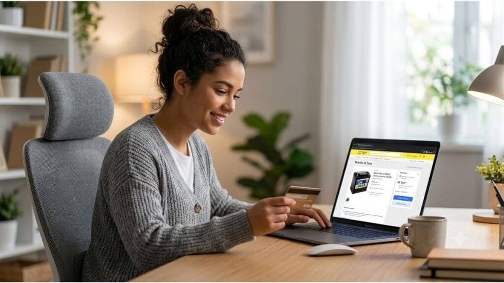 Jovem sorridente sentada em uma cadeira de escritório segurando um cartão de crédito enquanto usa um notebook para comprar uma bateria automotiva online.
