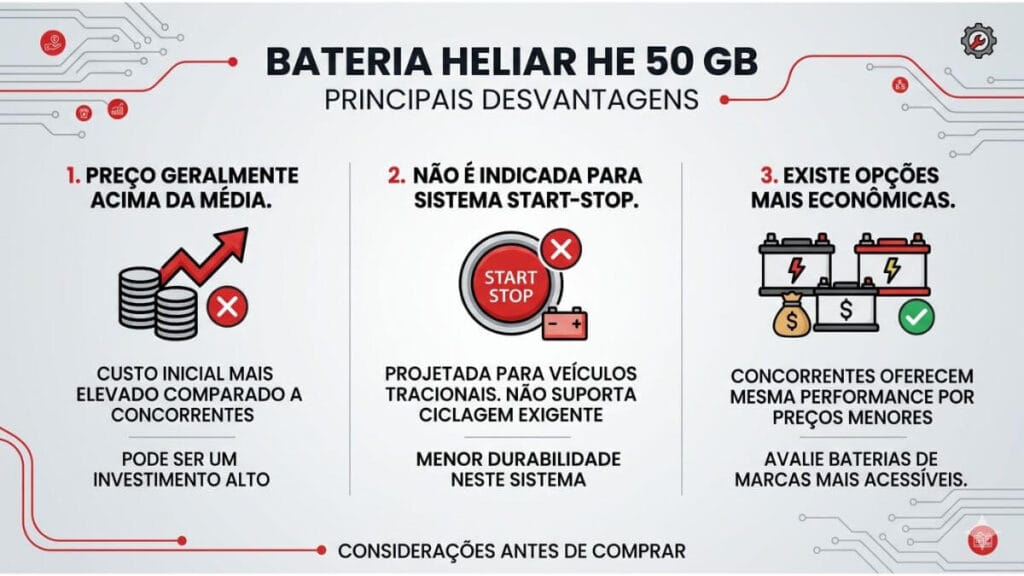 Infográfico sobre as desvantagens da bateria Heliar HE 50 GB, destacando preço acima da média, incompatibilidade com sistema start-stop e a existência de opções mais econômicas.