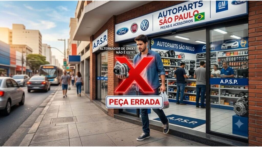 Homem saindo de uma loja de autopeças com um alternador automotivo na mão e um grande sinal de X vermelho com o texto Peça Errada.