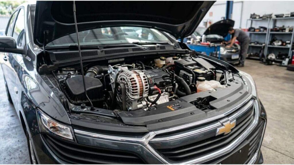 Fotografia profissional em uma oficina mecânica mostrando a frente de um Chevrolet Onix cinza com o capô aberto. O cofre do motor está visível, com foco centralizado e nítido no alternador automotivo montado e conectado ao motor. Ao fundo, um mecânico trabalha em outro veículo de forma desfocada.
