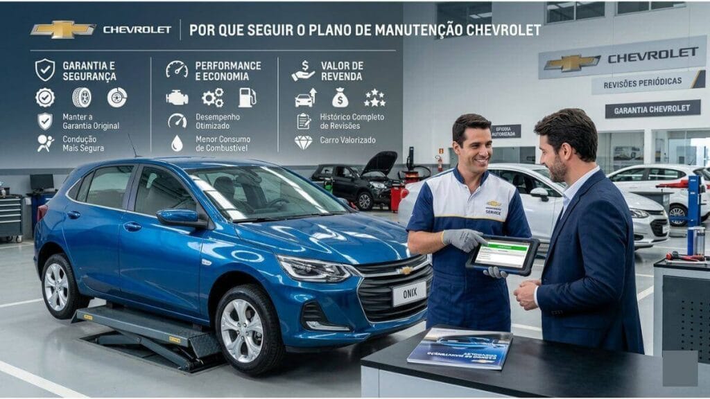 Por que Seguir o Plano de Manutenção Chevrolet Consultor técnico mostrando tablet para cliente ao lado de um Chevrolet Onix azul em oficina com infográfico sobre vantagens da manutenção Chevrolet.