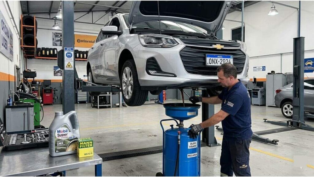 Mecânico trabalhando embaixo de um Chevrolet Onix prata elevado no elevador automotivo para realizar a troca de óleo do motor.
