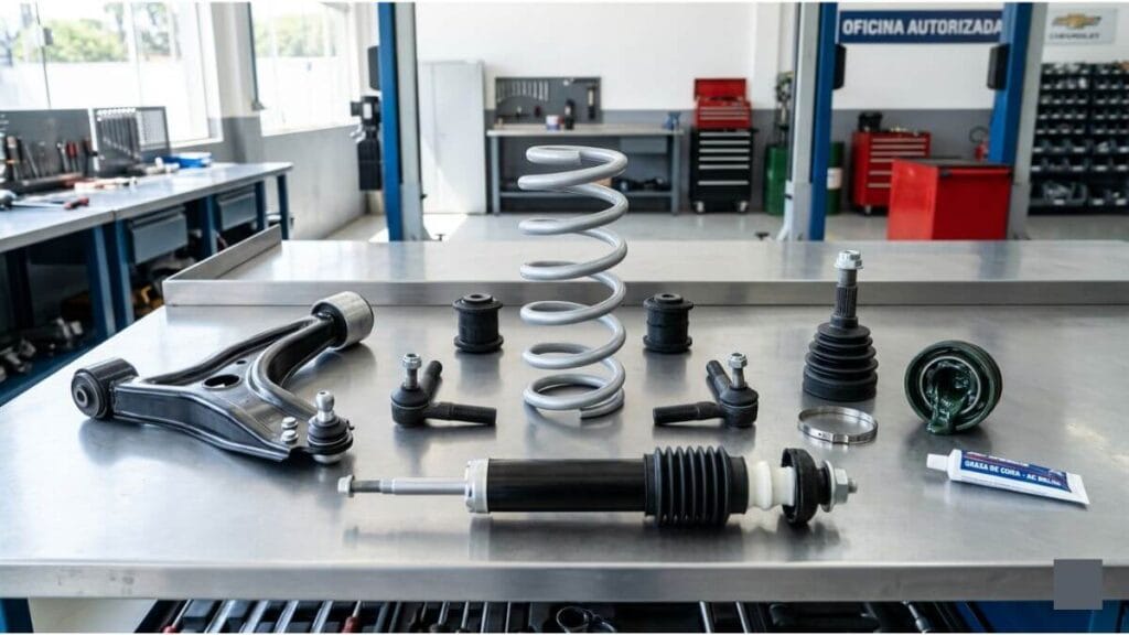 Peças de Suspensão Automotiva Expostas Peças de suspensão automotiva, incluindo mola helicoidal, amortecedor, braço de controle, terminais de direção, buchas, coifas e bisnaga de graxa, organizadas profissionalmente sobre uma mesa de metal em uma oficina mecânica limpa.