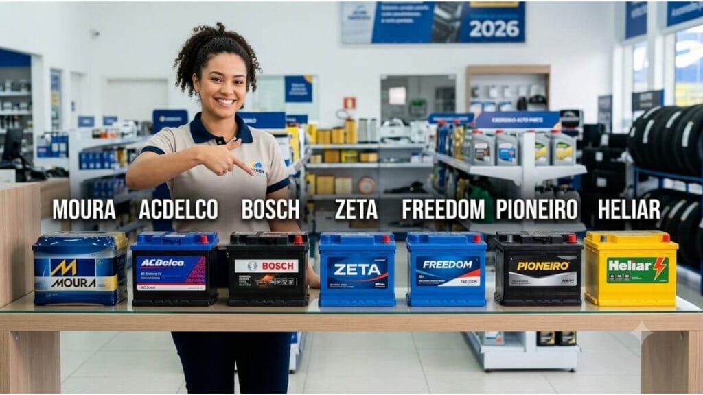 Uma jovem sorridente apontando para sete modelos de baterias automotivas alinhadas lado a lado sobre uma mesa em uma loja de autopeças.