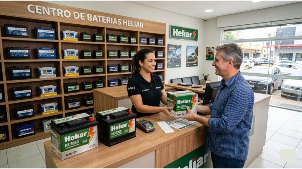 Atendente sorridente em uma loja especializada entregando uma caixa nova da bateria Heliar HE 50GD para um cliente no balcão.