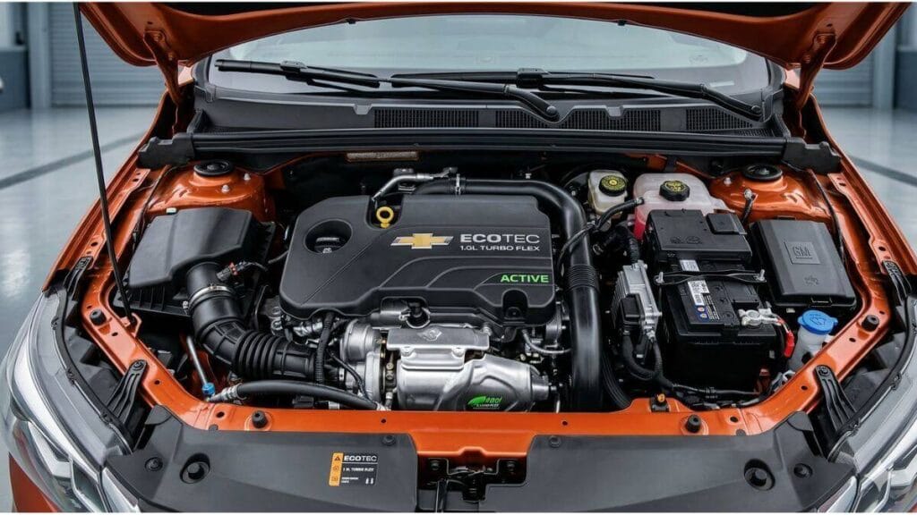 Motor Chevrolet Onix Activ 2027 Vista superior e profissional do cofre do motor Ecotec Turbo Flex de um Chevrolet Onix Activ, com o capô laranja aberto em uma oficina moderna.