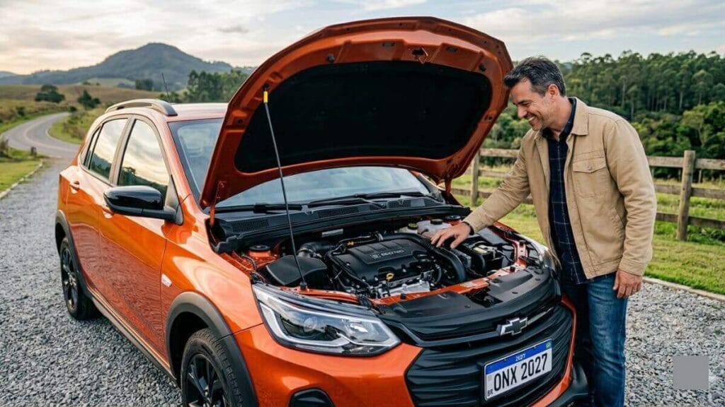 Homem sorrindo ao lado de um Chevrolet Onix Activ 2027 laranja com o capô aberto, admirando o motor moderno do veículo em uma estrada de terra rural.
