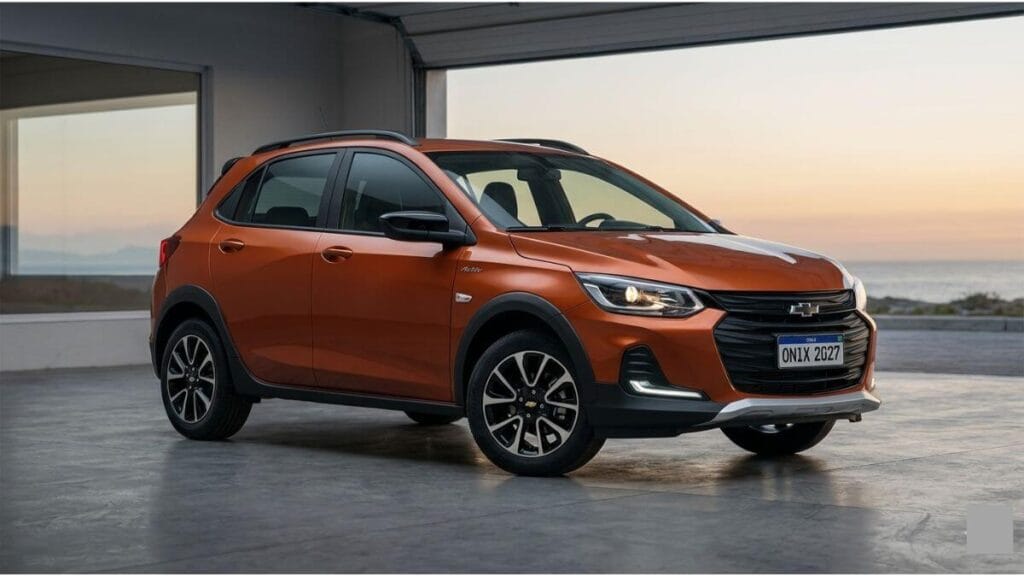 Novo Chevrolet Onix Activ 2027 Chevrolet Onix Activ 2027 na cor laranja metálica estacionado de frente em uma garagem moderna ao entardecer, exibindo o visual aventureiro e faróis acesos.