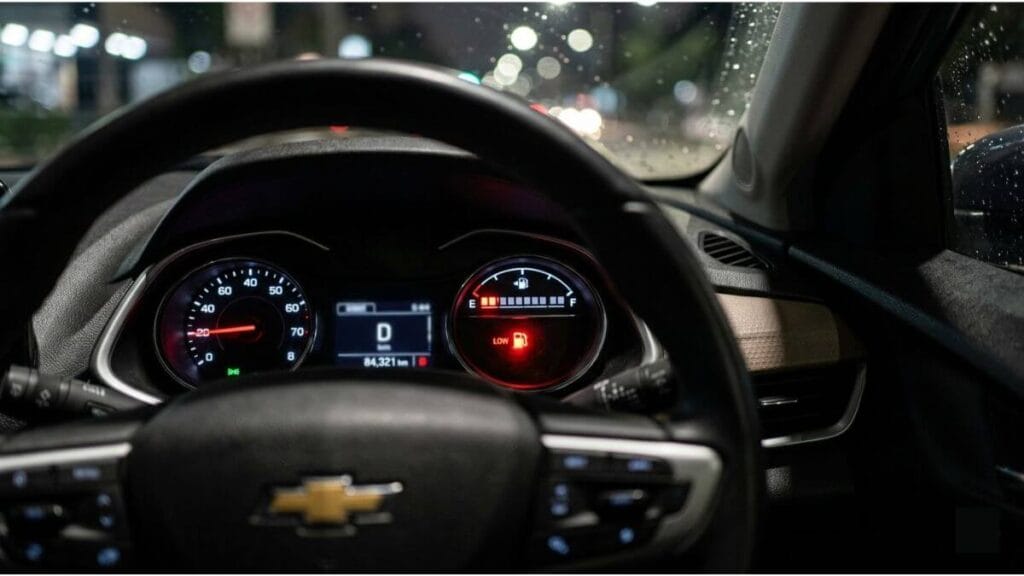 Painel do Onix com Luz de Reserva de Combustível Acesa Foco no painel de instrumentos de um Chevrolet Onix, mostrando o medidor de combustível digital com a luz de aviso vermelha 'LOW' acesa, indicando tanque na reserva.