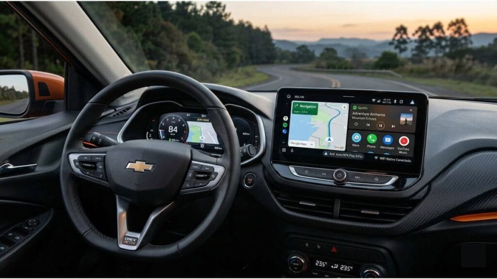 Painel modernizado do Chevrolet Onix Activ 2027 em destaque, mostrando a tela do painel digital de 8 polegadas atrás do volante e a central multimídia MyLink de 11 polegadas com espelhamento de mapas e aplicativos de música.