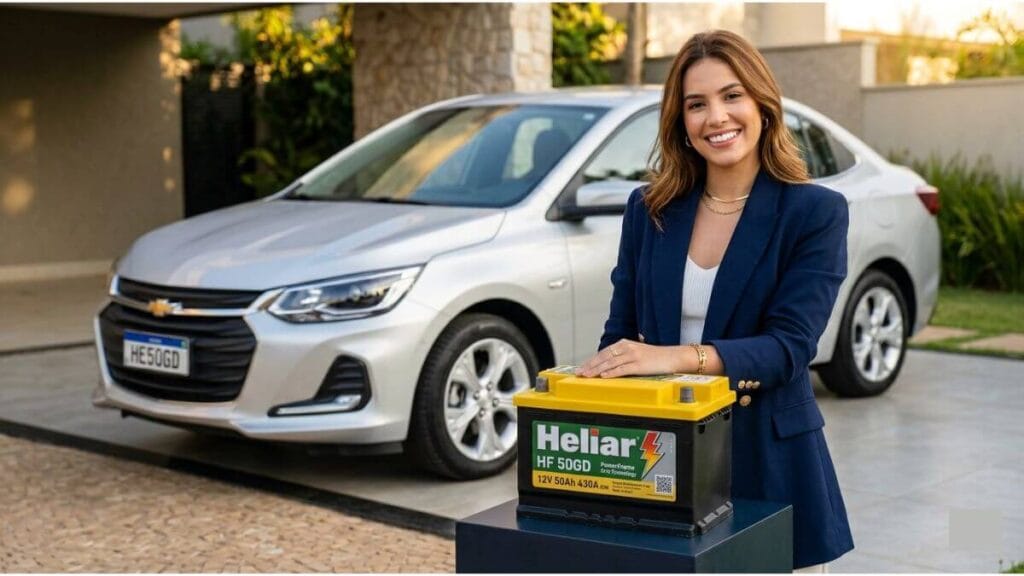Uma jovem sorridente de blazer azul ao lado de uma bateria Heliar HE50GD real com tampa amarela, tendo um Chevrolet Onix prata ao fundo.
