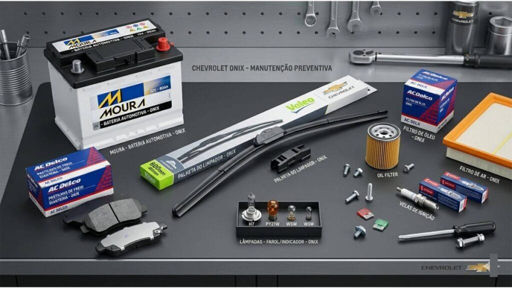 Bateria automotiva, pastilhas de freio, palheta do limpador, lâmpadas e filtros de reposição para o Chevrolet Onix organizados sobre uma bancada de oficina.