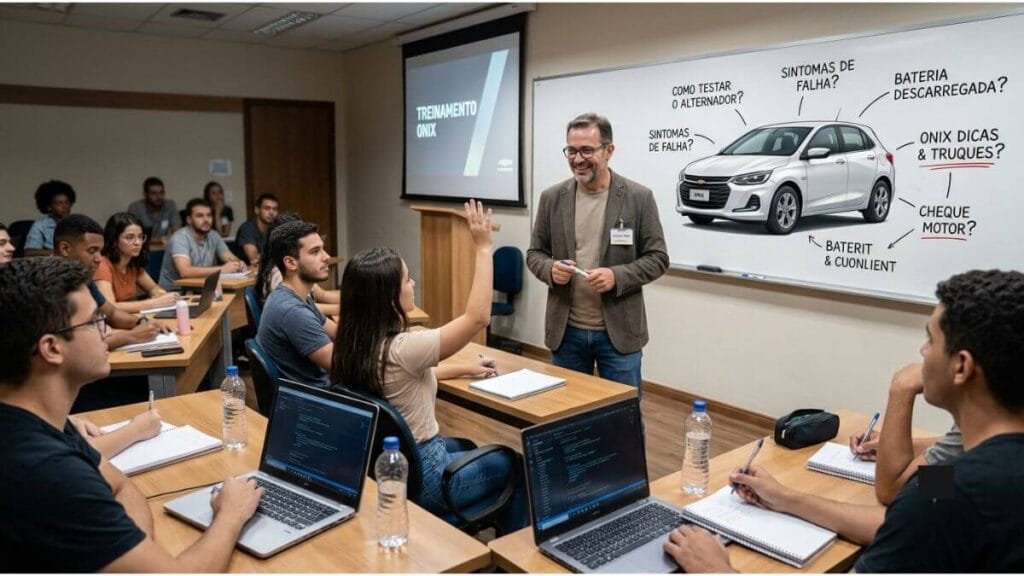 Sala de aula de um treinamento automotivo com um professor sorridente em pé ao lado de um quadro branco. No quadro, há o desenho de um Chevrolet Onix cercado por setas com perguntas em português como "Como testar o alternador?", "Sintomas de falha?" e "Bateria descarregada?". Uma aluna na plateia levanta a mão para fazer uma pergunta.