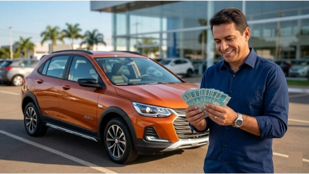 Preço Estimado Chevrolet Onix Activ 2027 Homem sorridente contando notas de cem reais em primeiro plano, com um Chevrolet Onix Activ 2027 laranja estacionado ao fundo em frente a uma concessionária.