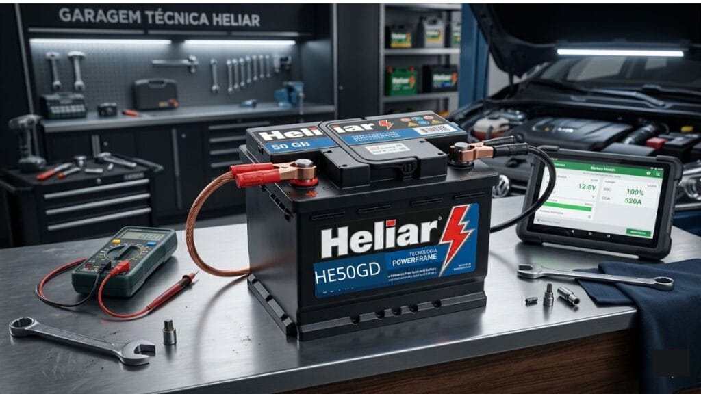 Foto em alta resolução da bateria Heliar 50GB em uma bancada de testes, destacando o acabamento robusto da carcaça preta, conectores reforçados com cabos e o selo Tecnologia PowerFrame.