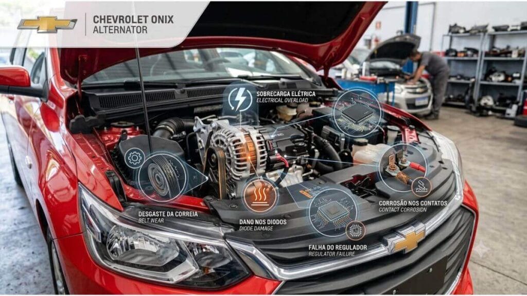 Infográfico profissional mostrando o motor aberto de um Chevrolet Onix com marcadores digitais que indicam as principais causas de falha: desgaste da correia, dano nos diodos, sobrecarga elétrica, falha do regulador e corrosão nos contatos.