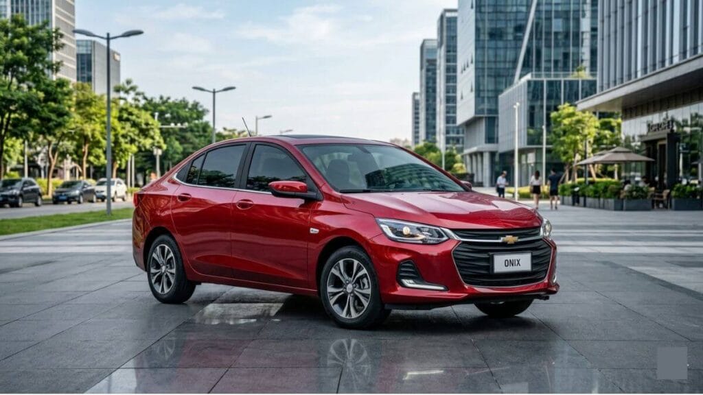 Chevrolet Onix Plus vermelho estacionado em uma praça urbana moderna com prédios espelhados ao fundo.