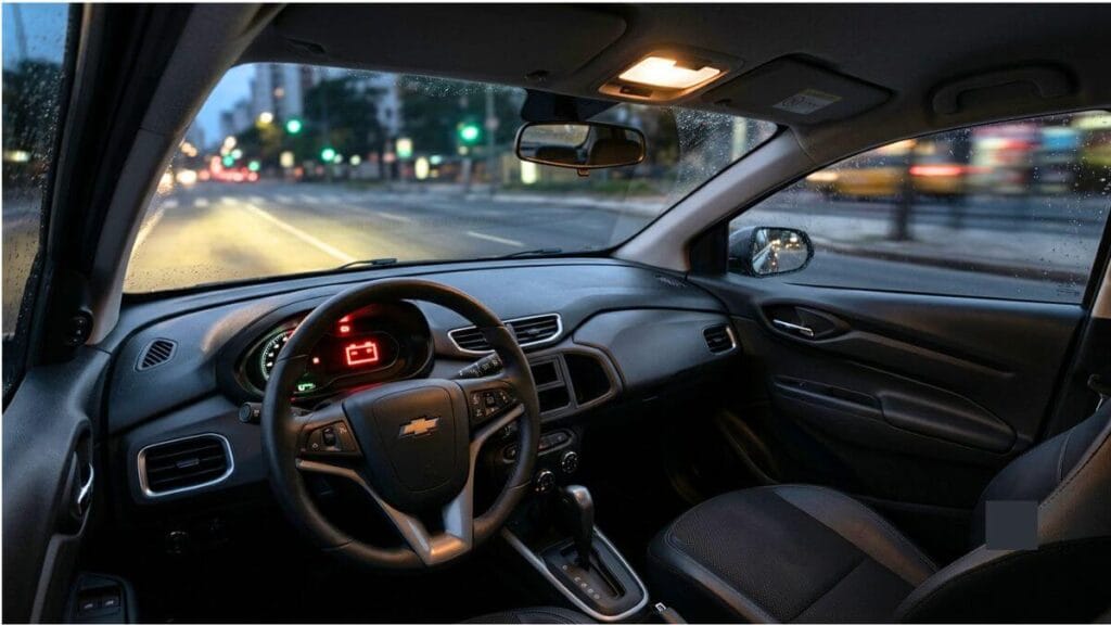 Visão de dentro da cabine de um Chevrolet Onix à noite, mostrando o painel de instrumentos com a luz vermelha de aviso da bateria acesa. A luz de cortesia do teto está ligada com brilho oscilante e os faróis projetam uma iluminação fraca na rua à frente.