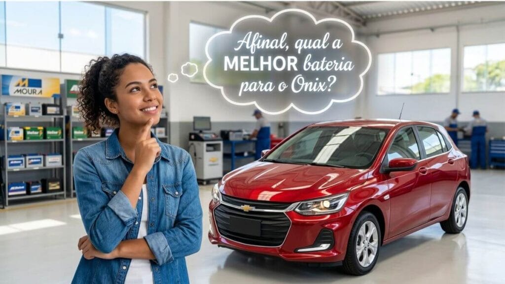 Jovem pensativa olhando para cima com um balão de pensamento contendo a frase "Afinal, qual a MELHOR bateria para o Onix?", ao lado de um Chevrolet Onix vermelho brilhante dentro de uma oficina limpa.