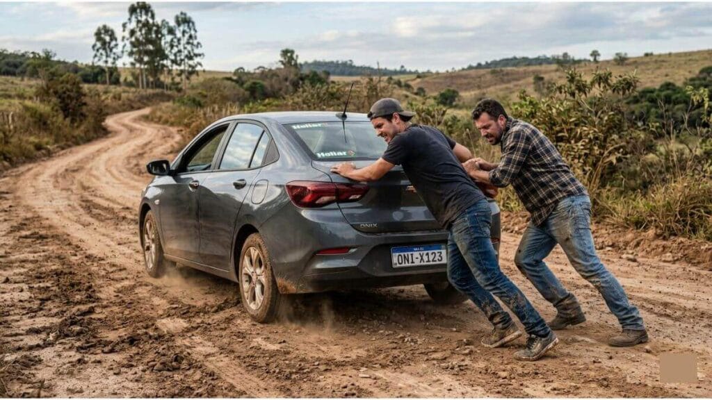 Dois homens empurrando um Chevrolet Onix cinza em uma estrada de terra batida após a bateria do carro descarregar e falhar totalmente.